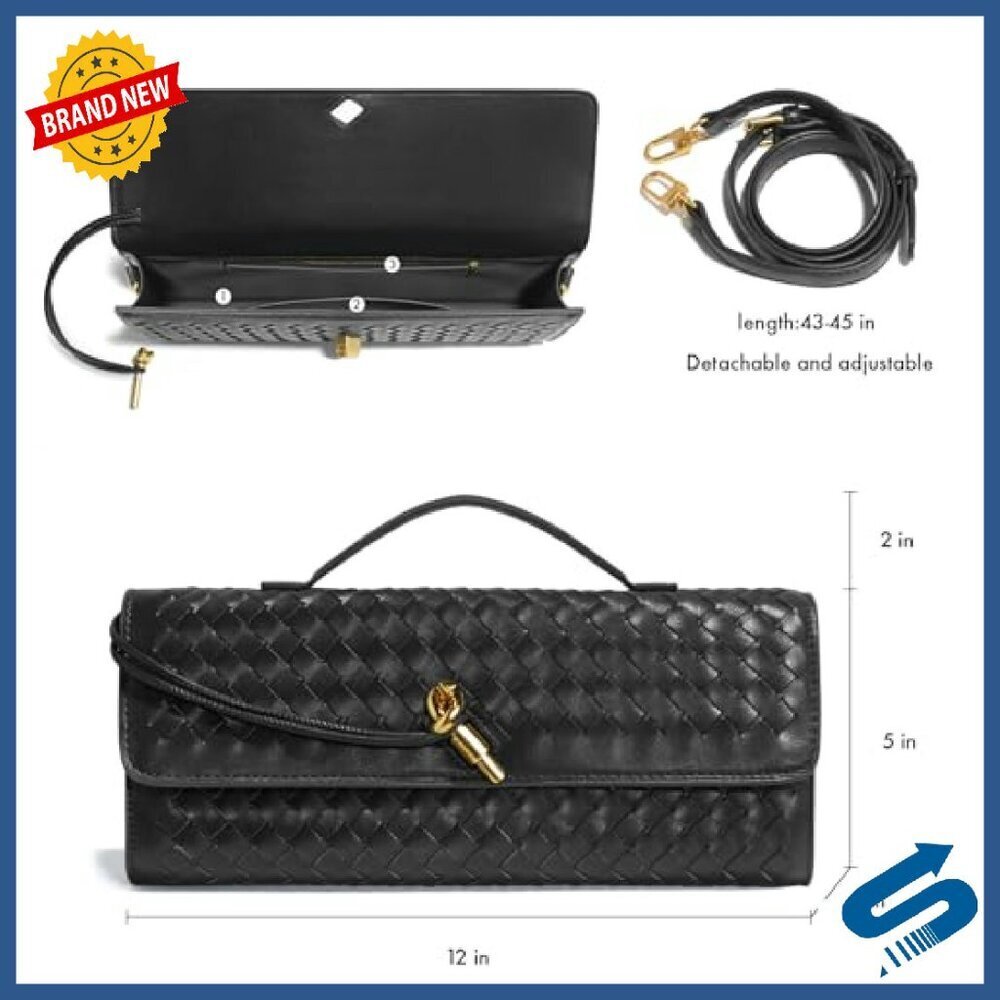 Woven PU Leather Evening Bag with Adjustable Strap, 12x5x2 Inches - Picture 7 of 8